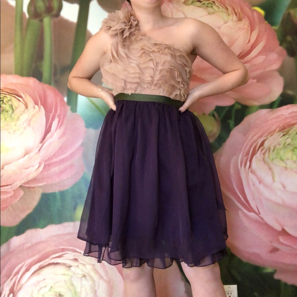One shoulder purple and nude ruffle dress